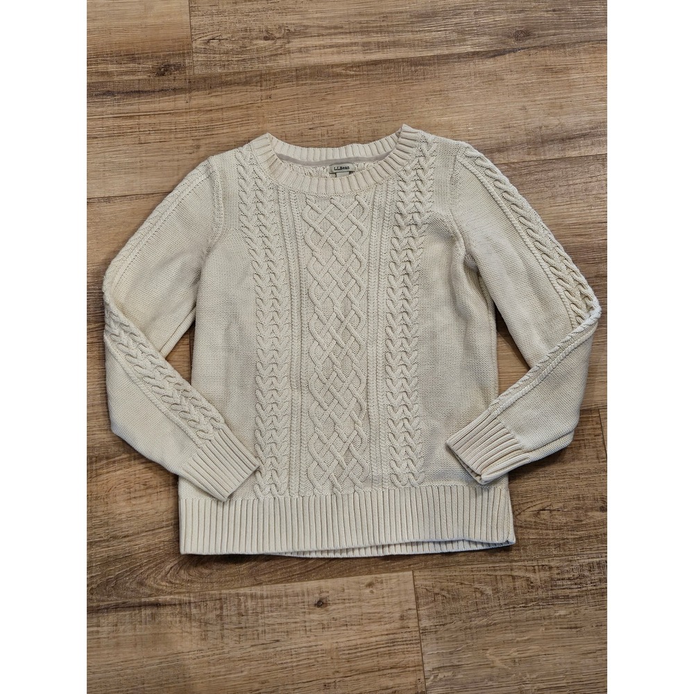 L.L.Bean Women's M Ivory Cable Knit Cotton Crewneck Sweater Coastal Preppy